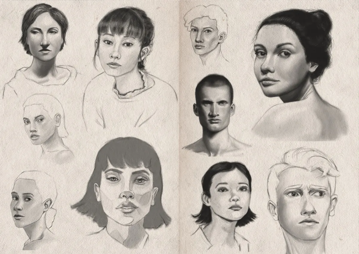 Two-page sketchbook spread filled with digital graphite sketches on textured off-white paper. There are ten sketches of people, varying in both age and gender. Some are shaded, others are more simple.