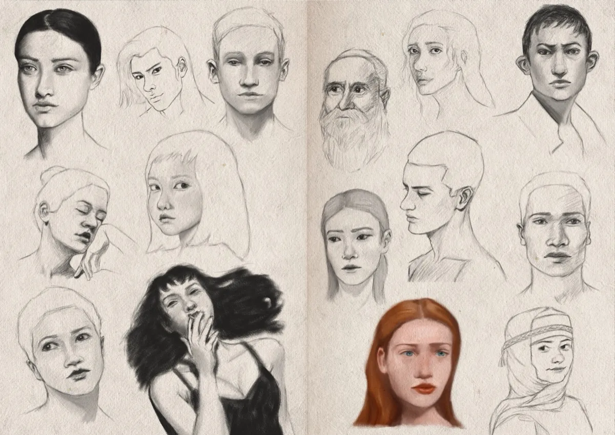 Two-page sketchbook spread filled with fifteen studies (one colour, and fourteen in digital graphite) of diverse faces of varying ages, and expressions.