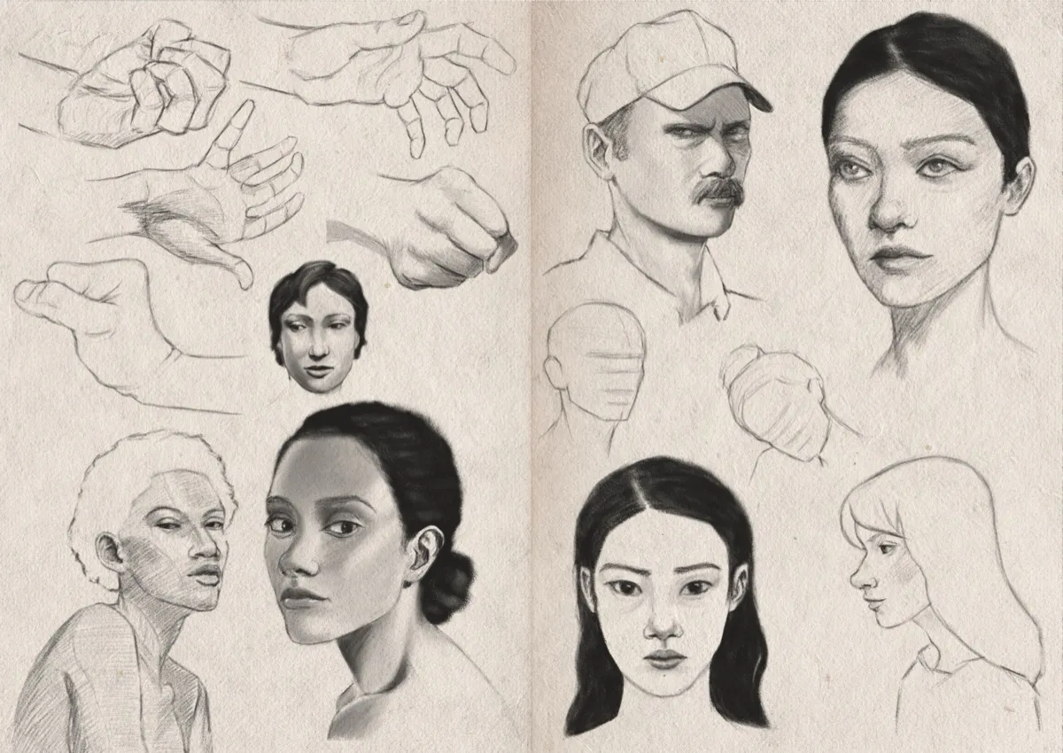 Two-page sketchbook spread filled with digital graphite studies of nine heads, and five hands. 