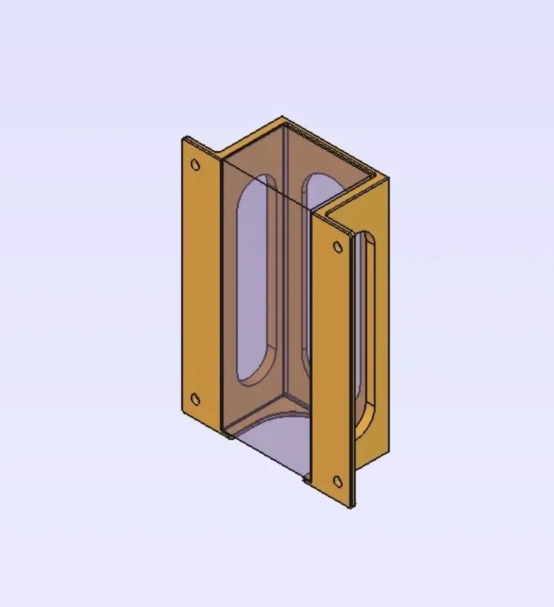 A 3D CAD image of a rectangular bracket rendered in golden yellow, and shown isometrically against a light background. There is a translucent lilac box contained within the bracket, simulating the power brick it was designed to hold. The enclosure has four sides and an open-top. Two opposite side plates extend outward like flanges; each flange has two round mounting holes (one near the top and one near the bottom). The main body has elongated rounded-rectangle cutouts in the side walls. The bottom edge shows a curved cutout inside the enclosure.