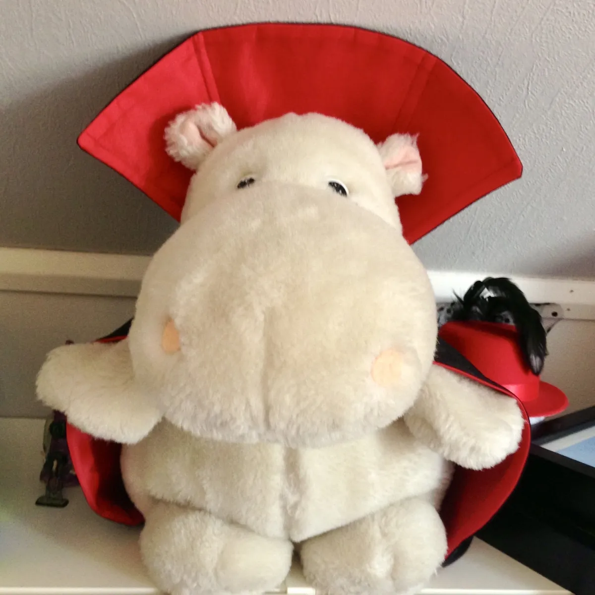Vampire disguise. A white hippo plush toy sits on a shelf wearing a 'Dracula' cape.