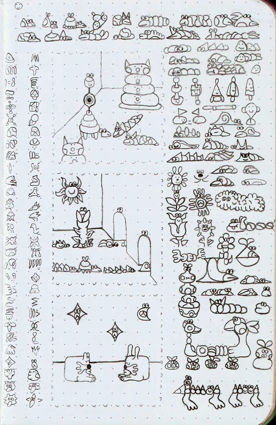 notebook page filled with pencil drawings. there are three squares, kind of vignettes. the first one two worms are talking with a four legged creature that is carrying a circular creature, they are talking about fruits, their favorite fruitts, delicious fruits. they are in a closed space with two sculptures of circular smiley faces piled. the second square is also a closed space with two doors and also two lines of insectss entering them, there is also a happy sun above and to the left of them, they are running from the rays of the happpy sun. the third square has two bunny-like creatures sleeping with the moon and stars in the horizon, peacefully dreaming about carrrrots and alfalfa. the remaining page has very simple creatures formed by simple figures like circles, squares, lines, and curves. all of them are happppppy.