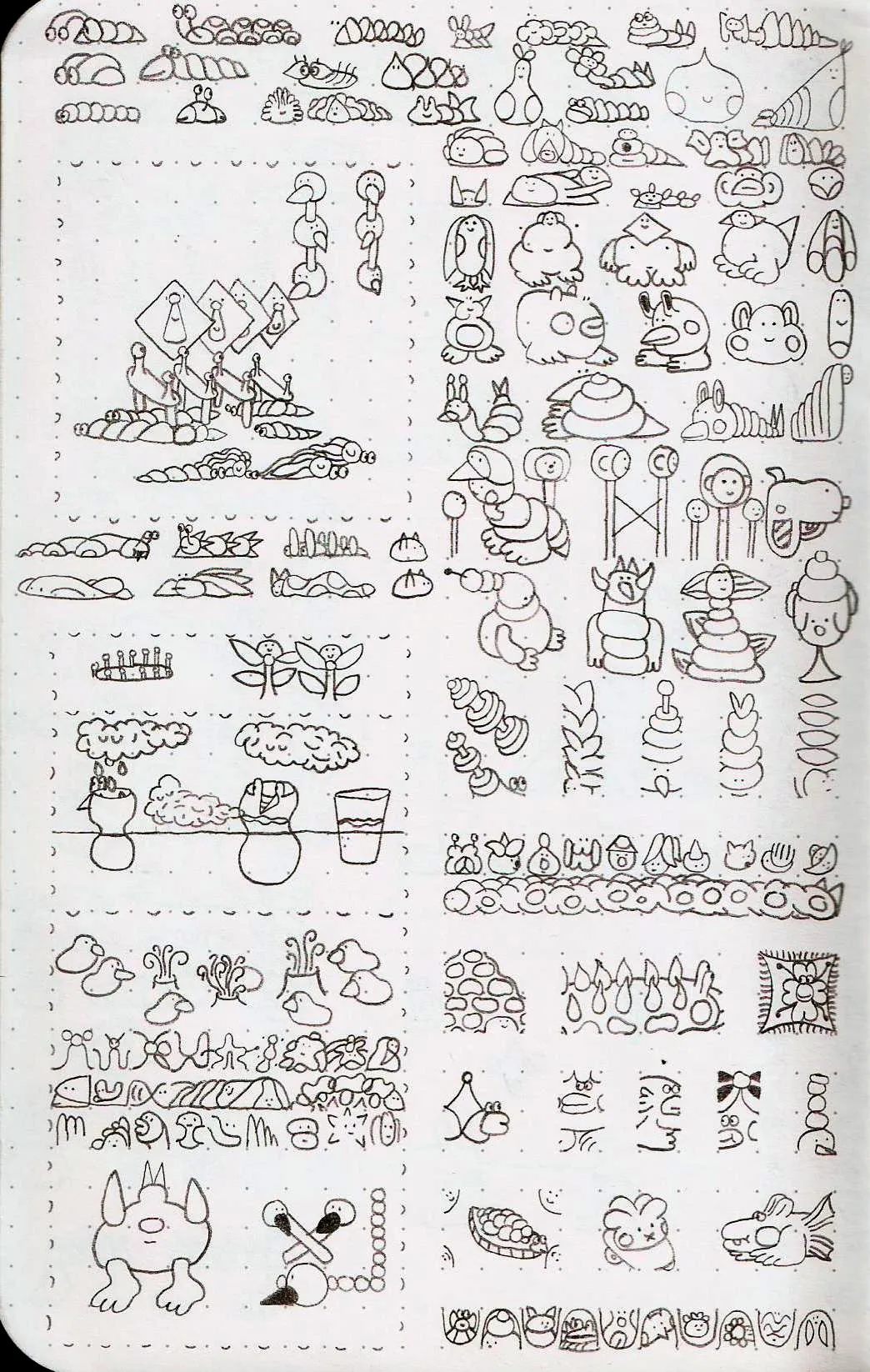 this image has drawings of very happy creatures. the first two lines are happy bugs, they are facing to the left, they are going to their home, after searching for food. below this bugs there are circle creatures with dotted eyes, some are facing to other creature, others are only heads, happy faces. in the middle of the page there are some robots, friendly robots that help the insects to accomplish dangerous tasks as protecting them from dangerous predators. next to these robots plants with no faces, no eyes. below the plants there are very tiny creatures that can only be seen by microscope, don't worry they are friendly creatures. next we have zooms to different creatures, they focus on the face, eyes, head. at the bottom of the page there are more unicellular creatures. the left side of the page is covered by three squares/vignettes, the first one has the daily life of these creatures in their downtown where there is a lot of sculptures, very happy sculptures. the second square shows three glasses that are filled with rain water, directly from some generous clouds that share this vital liquid. the third square presents unicellular microscopic creatures, they are having a party because their host has eaten some delicious meal that has a lot of nutrients
