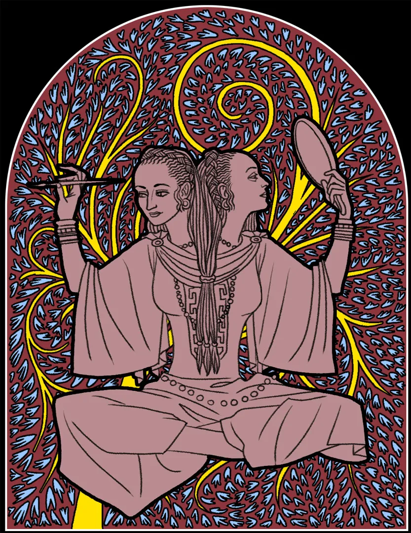 an illustration of dicephalic conjoined women (or what you might colloquially but falsely call a two-headed woman) sitting cross legged; the woman on the left looks to the left and holds a brush, while the woman on the right looks upwards and to the right, into the hand mirror she holds; the background is stylized, involving yellow swirling plantlike branches with blue leaflike shapes around them