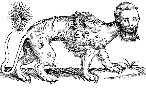 illustration of a manticore, lion-bodied with a cluster of quills on the end of its tail and an unnaturally wide sharp-toothed grin beneath its human mustache on its overlarge human face