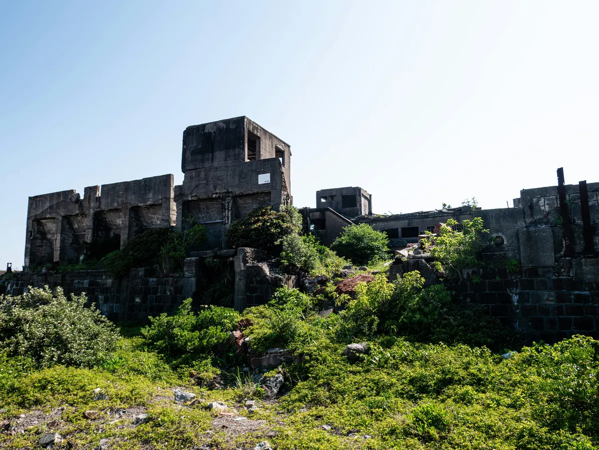 photograph of a dilapidated boxy concrete and brick structure overgrown with weeds
