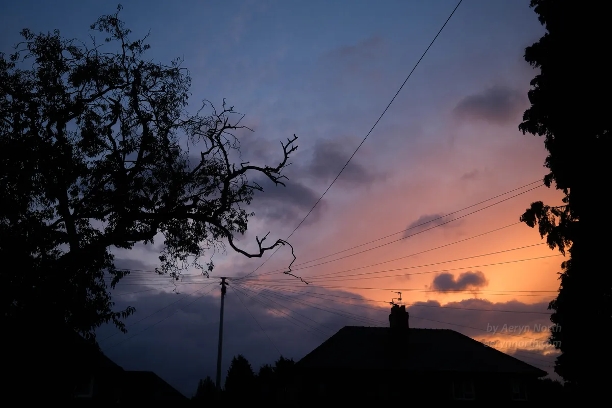 A cloudy sky lit from behind by the sunrise glows fiery orange to the right, fading to lilac greys on the left. In the foreground, tress and houses are silhouetted against the sky. There is a telephone pole with wires radiating outwards.