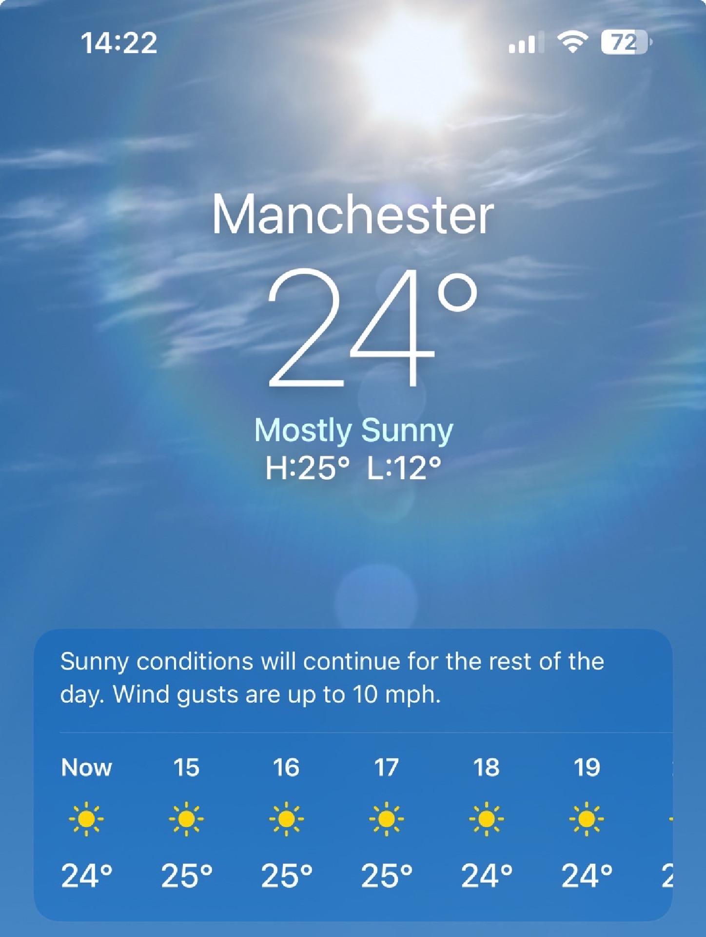 Screenshot of a phone weather app showing that it’s 24°C in Manchester
