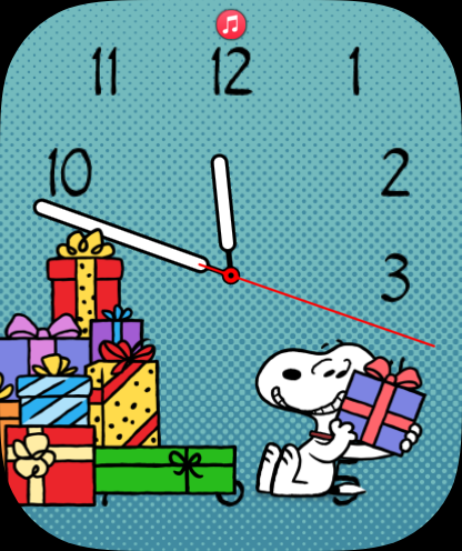 A screenshot of an Apple Watch face with a pile of wrapped gifts and Snoopy holding one of them