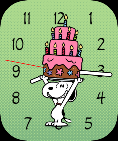A screenshot of an Apple Watch face with Snoopy holding up a pink cake with candles on it