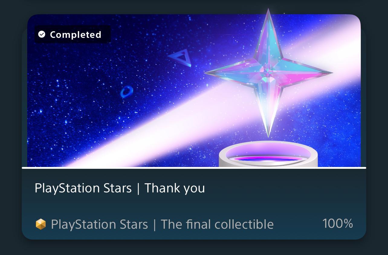 The screen displays a message that reads PlayStation Stars | Thank you at the top. A large, sparkling star is shown in the center, with a glowing base beneath it. The background is a deep blue sky filled with stars. At the bottom, there is a golden PlayStation Stars icon with the text The final collectible and a percentage of 100%. — 🤖