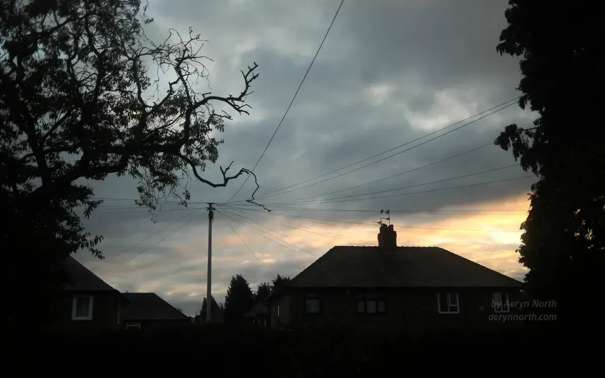A moody grey sky framed by silhouetted trees and houses. A telephone pole has wires radiating from the top. And on the right side of the sky, the clouds are glowing orange from the sunrise.