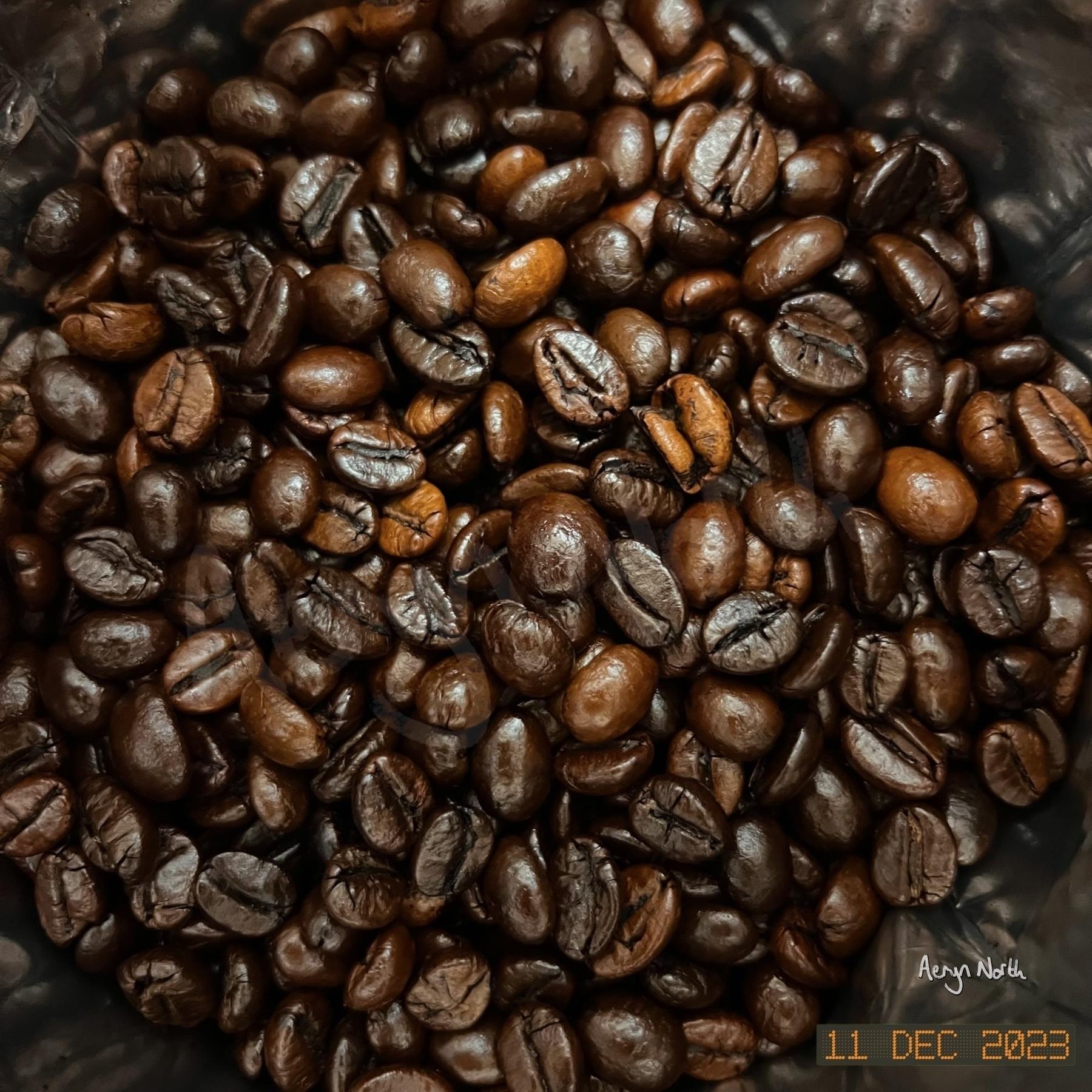 A close-up view of dark roast coffee beans.