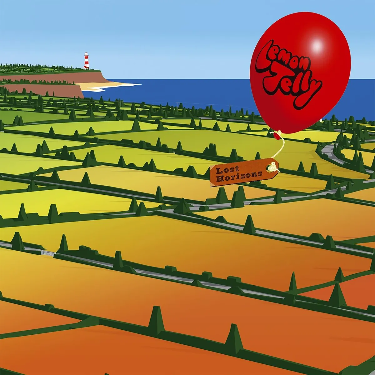 Album art for Lost Horizons by Lemon Jelly. A vibrant, stylized landscape illustration featuring rolling hills in shades of green, yellow, and orange, dotted with evergreen trees. A red hot air balloon with "Lemon Jelly" written on it floats above the terrain, connected by a thin line to a brown banner labeled "Lost Horizons" below. In the distance, a striped lighthouse stands on a coastal cliff overlooking a deep blue sea under a clear sky. The art style is bold and graphic, with clean lines and a retro aesthetic.