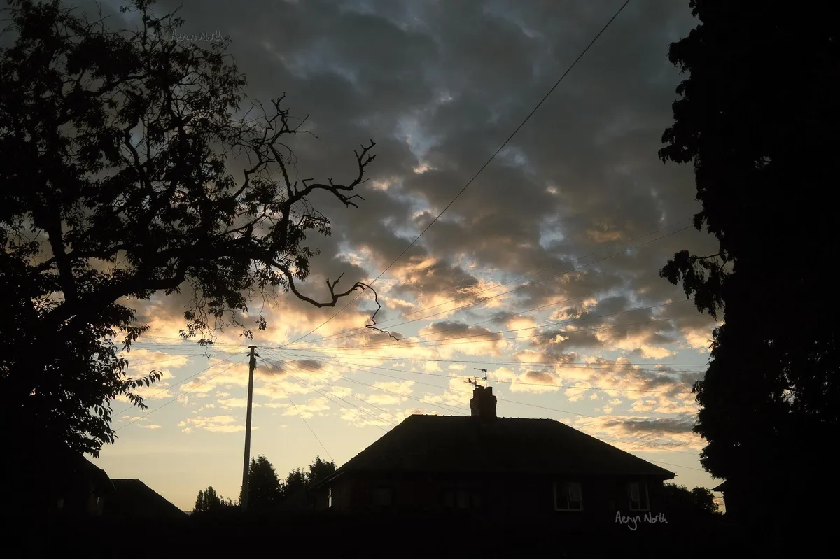 A sky filled with clouds backlit in warm colours by the rising sun is framed by a silhouetted house and trees. Telephone wires radiate from a pole.
