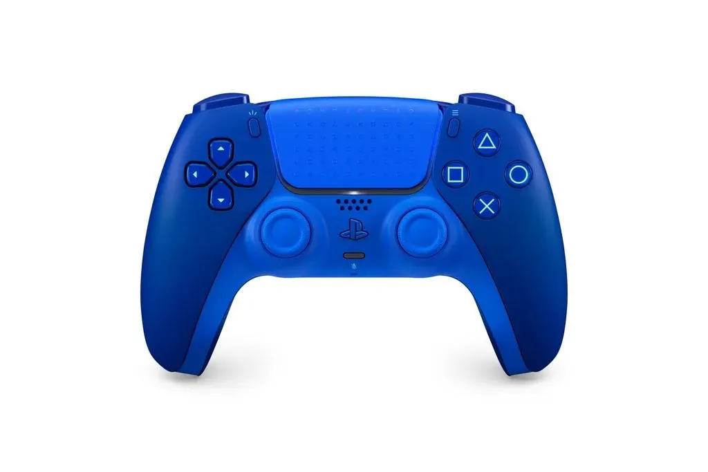 A blue PlayStation DualSense game controller on a white background. The controller features both dark blue and mid blue shades.