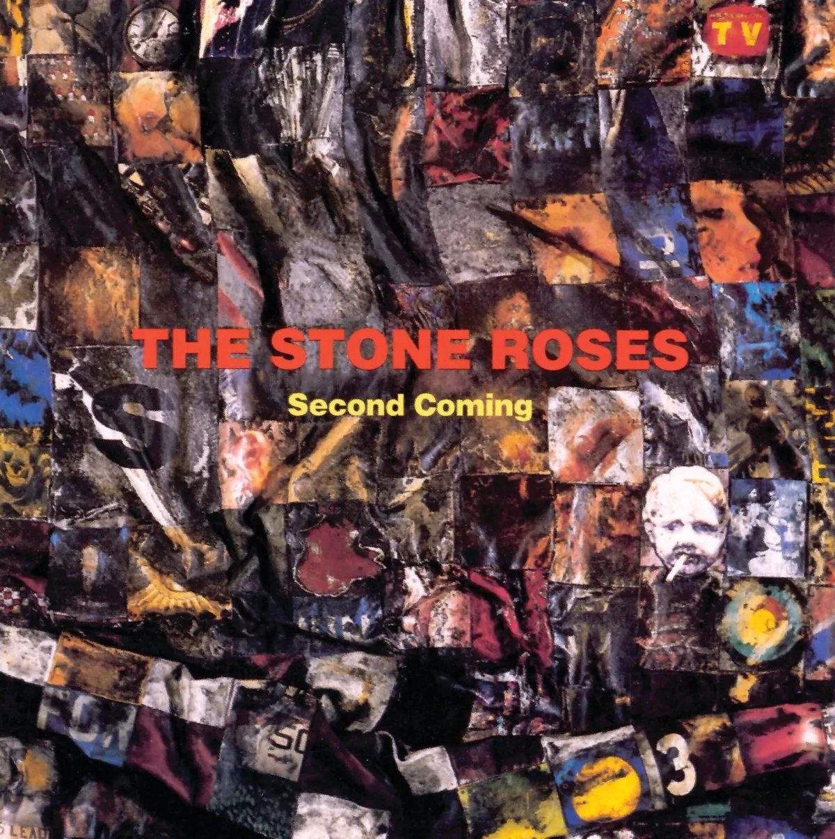 Album art for Second Coming by The Stone Roses. Features a vibrant collage of abstract imagery in bold oranges, blues, and reds.