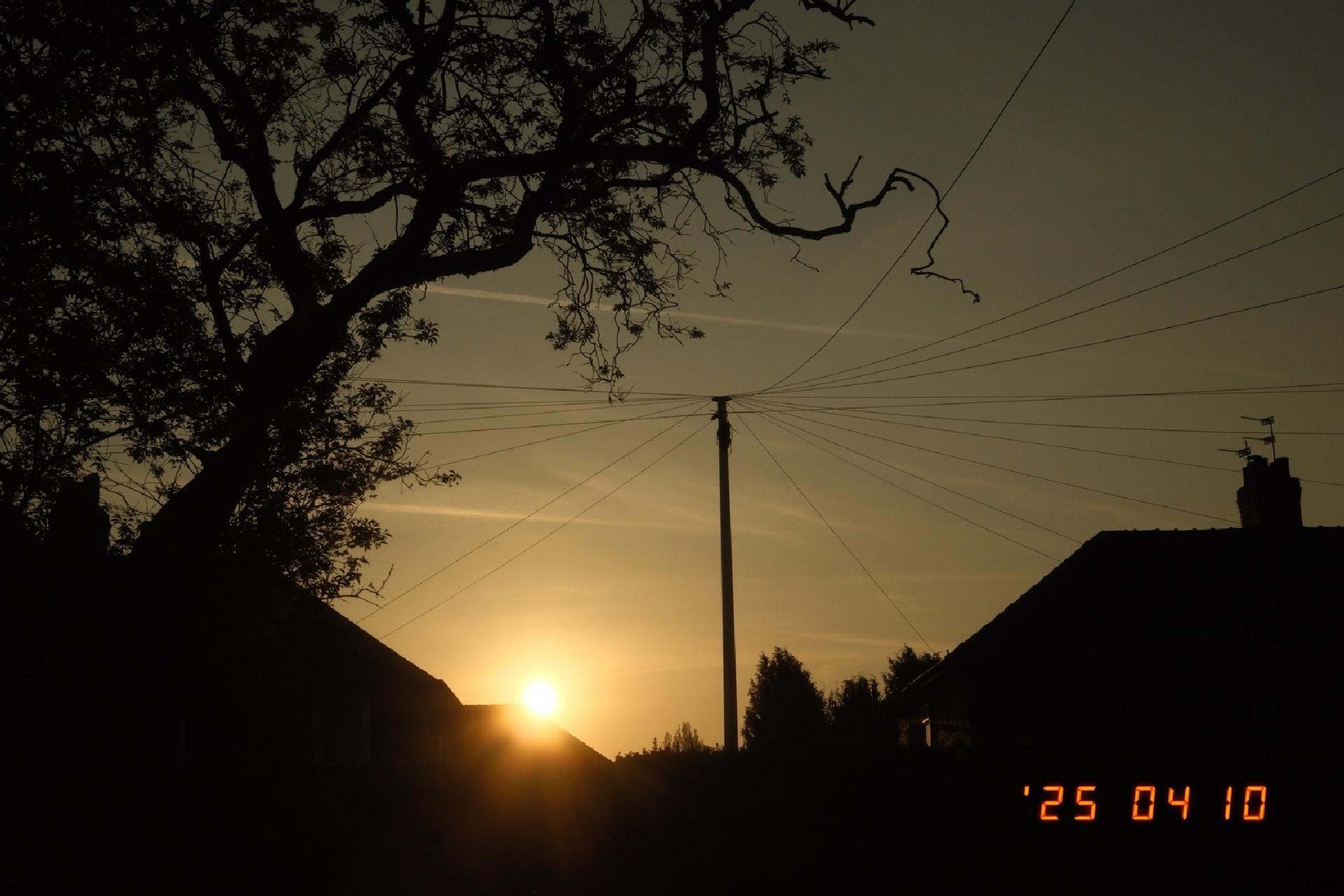 Silhouetted houses, telephone pole and cables, and trees with an orange-grey sky behind. The sun is rising from behind one of the houses roofs. 