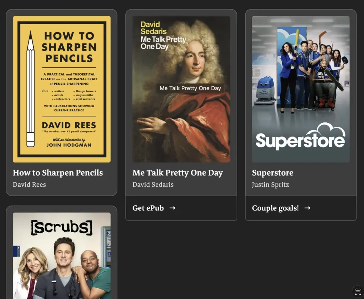 Shelfish demo featuring posters of How to Sharpen Pencils, Me Talk Pretty One Day, and Superstore