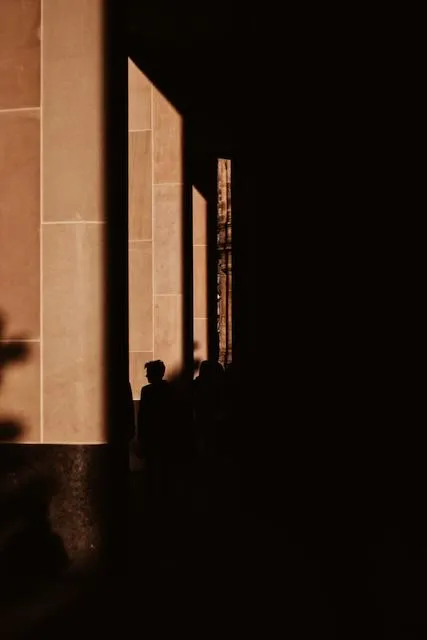 the sihlouette of a person is visible against a row of columns lit by sunset