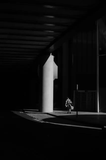 A person passes beside a massive column