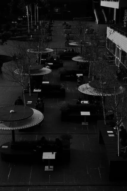 An arrangement of tables and chairs at the Barbican centre