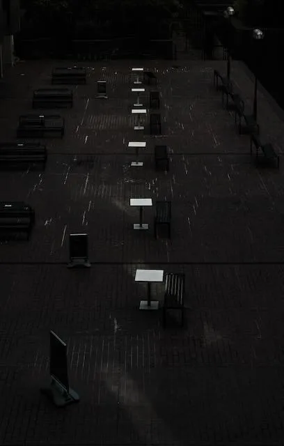 A black and white column of tables at the Barbican centre