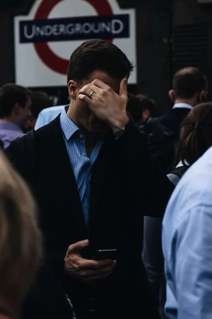a business man conceals his face with one hand, adorned with a wedding ring