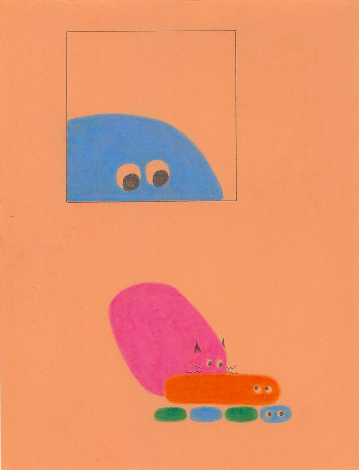 criaturita observando a sus amiguis desde una ventana