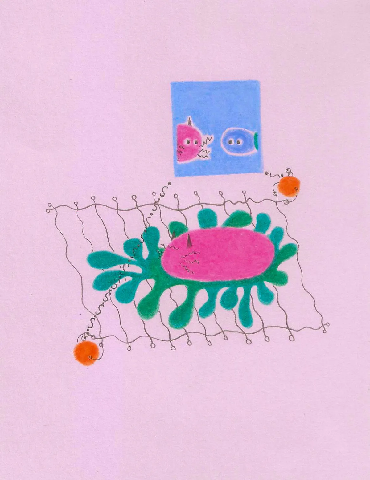 criaturita dormida encima de una hoja y una máquina que registra los sueños. se observa en una pantalla el sueño en tiempo real