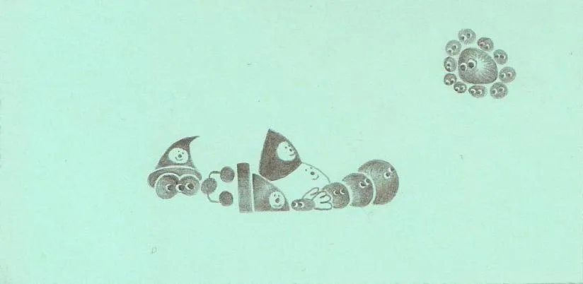 criaturitas viendo hacia arriba a un solecito acompañado por solecitos pequeñitos a su alrededor