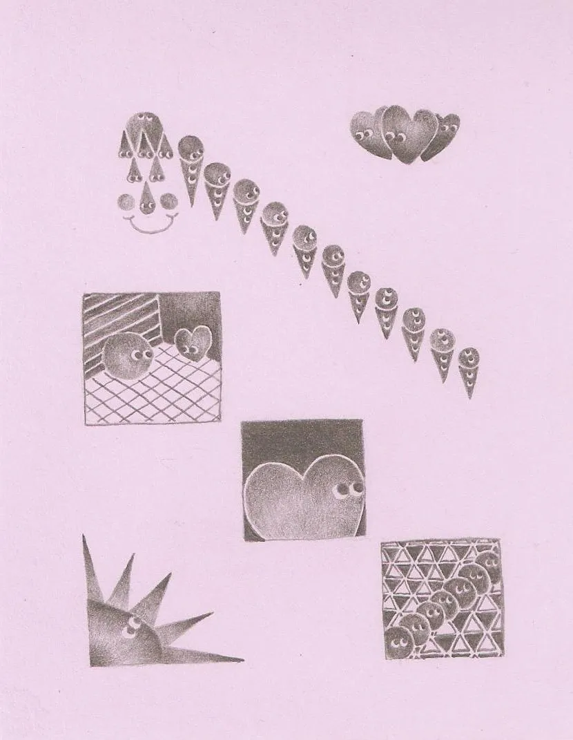 tres corazoncitos en la esquina superior derecha. una diagonal con helados y otra diagonal con tres viñetitas dos con corazoncitos y otra con una filita de pelotitas. en la esquina inferior izquierda un solecito observando la escena