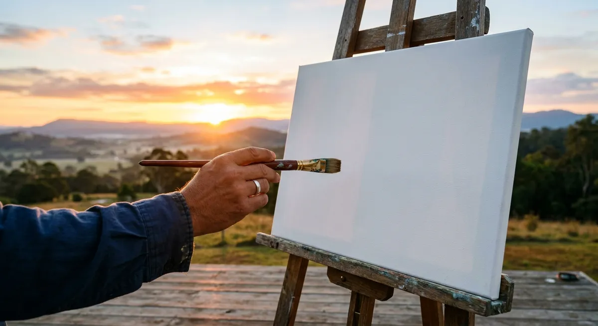 A hand holding a paintbrush in front of a blank canvas at sunrise