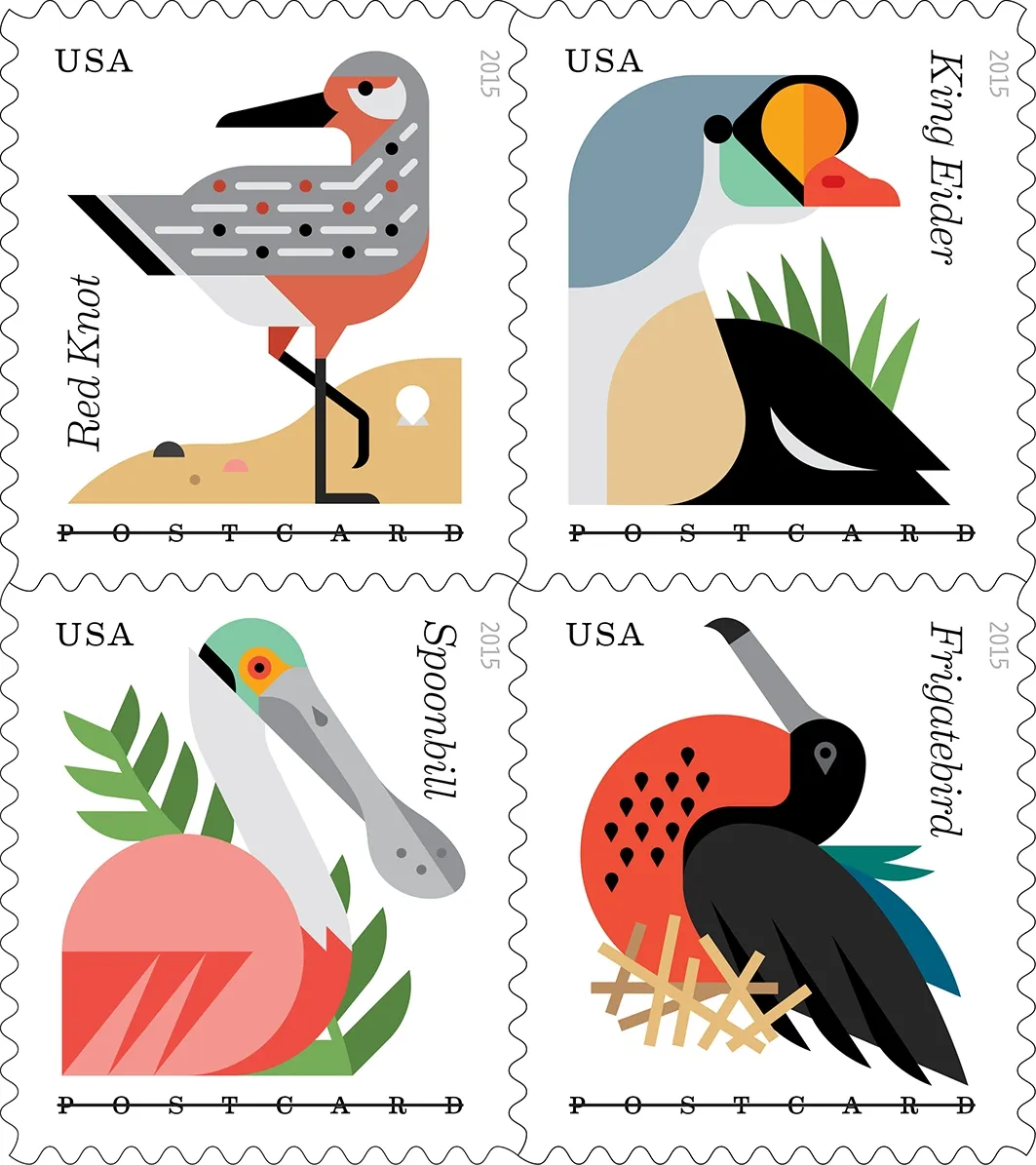The 2015 Coastal Birds Forever stamps. Copyright USPS.