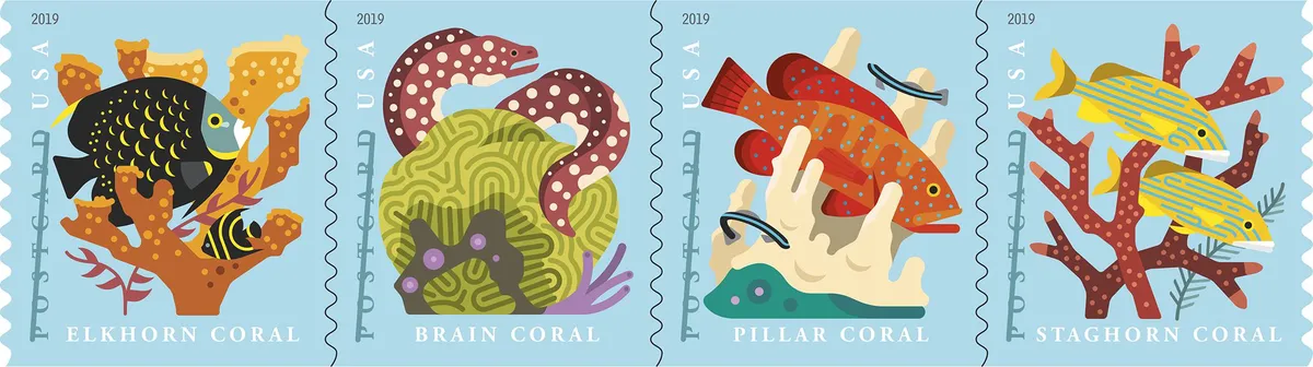 The 2019 Coral Reef postcard stamps. Copyright USPS.