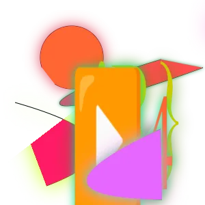 Many different shapes in shades of red, orange, and purple are arranged haphazardly, stretched and overlapping. Circles, arcs, the ▶️ emoji, the characters "}" and "4" are visible.