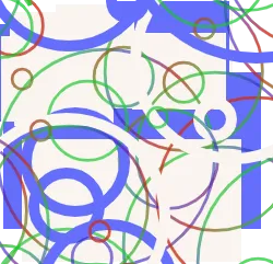 An image is filled with dozens of haphazardly placed shapes of different kinds, sizes, and colors. Circles, rectangles, and five-pointed stars are colored in pleasant shades of red, green, and blue, and some have gradients.