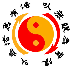 Jeet Kune Do emblem featuring a red and yellow yin-yang symbol encircled by two curved arrows and Chinese calligraphy text.