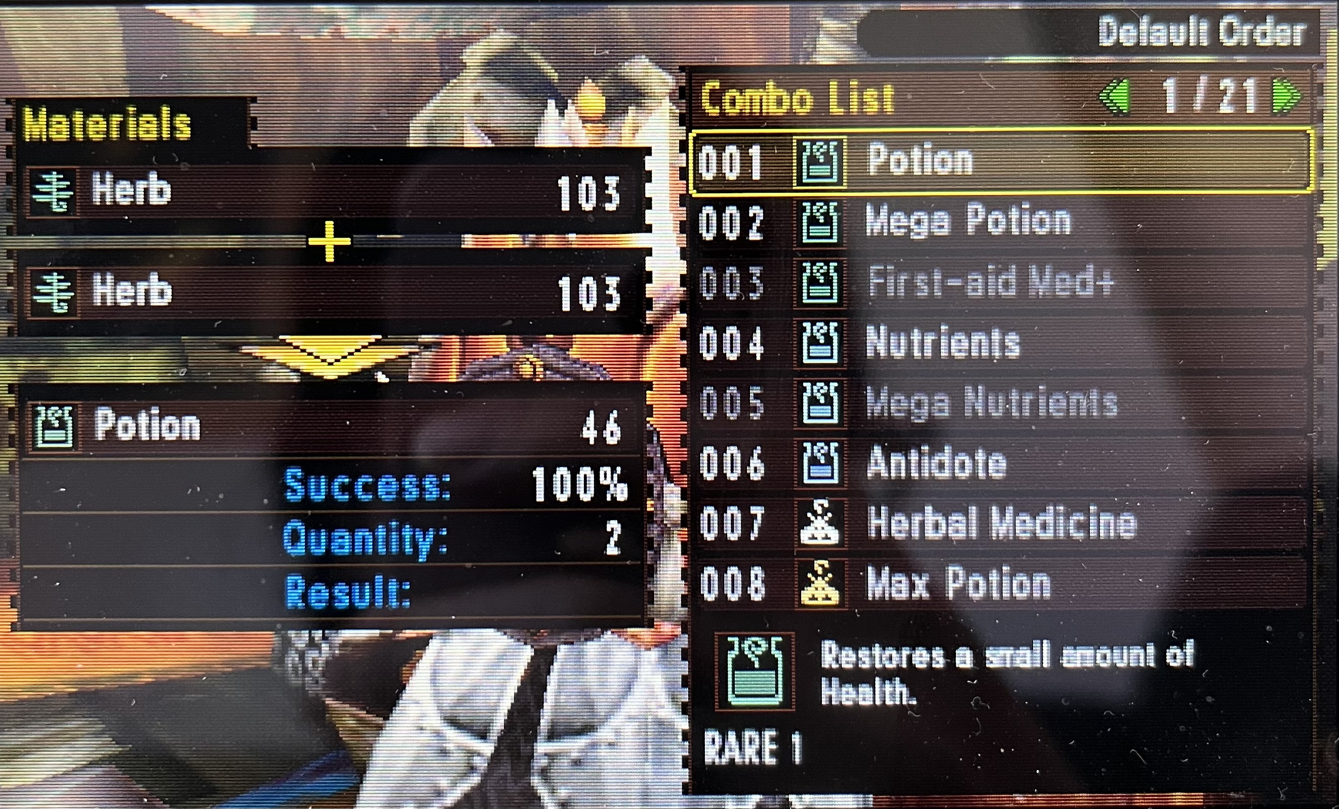 A photo of a 3DS displaying a Monster Hunter screen of the item crafting menu. Notable changes are that a Potion is craftable with two Herbs, which normally is not possible