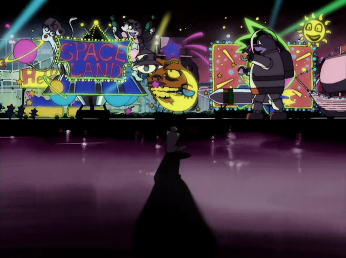 Spike watching the Space Land animatronic parade run over Pierrot