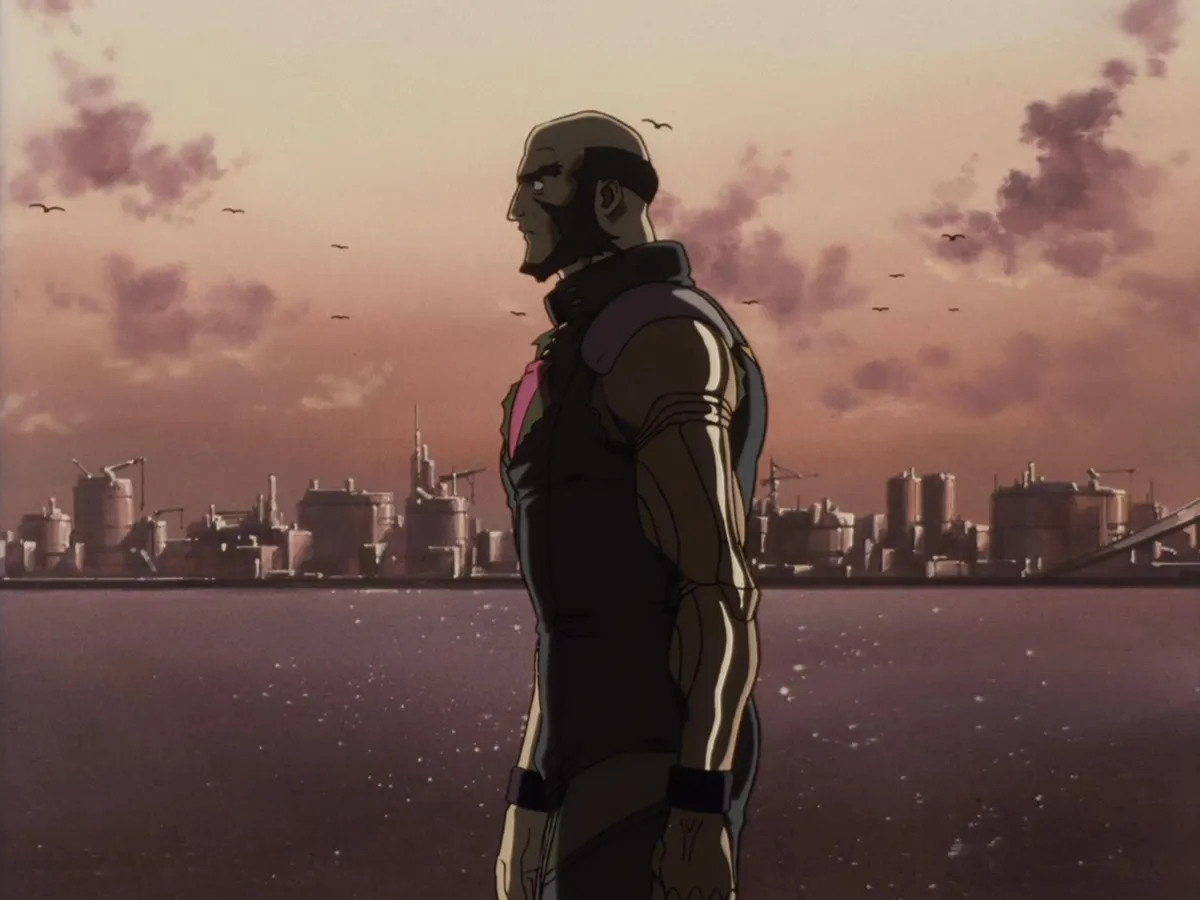 Jet standing in front of the Ganymede skyline at sunset