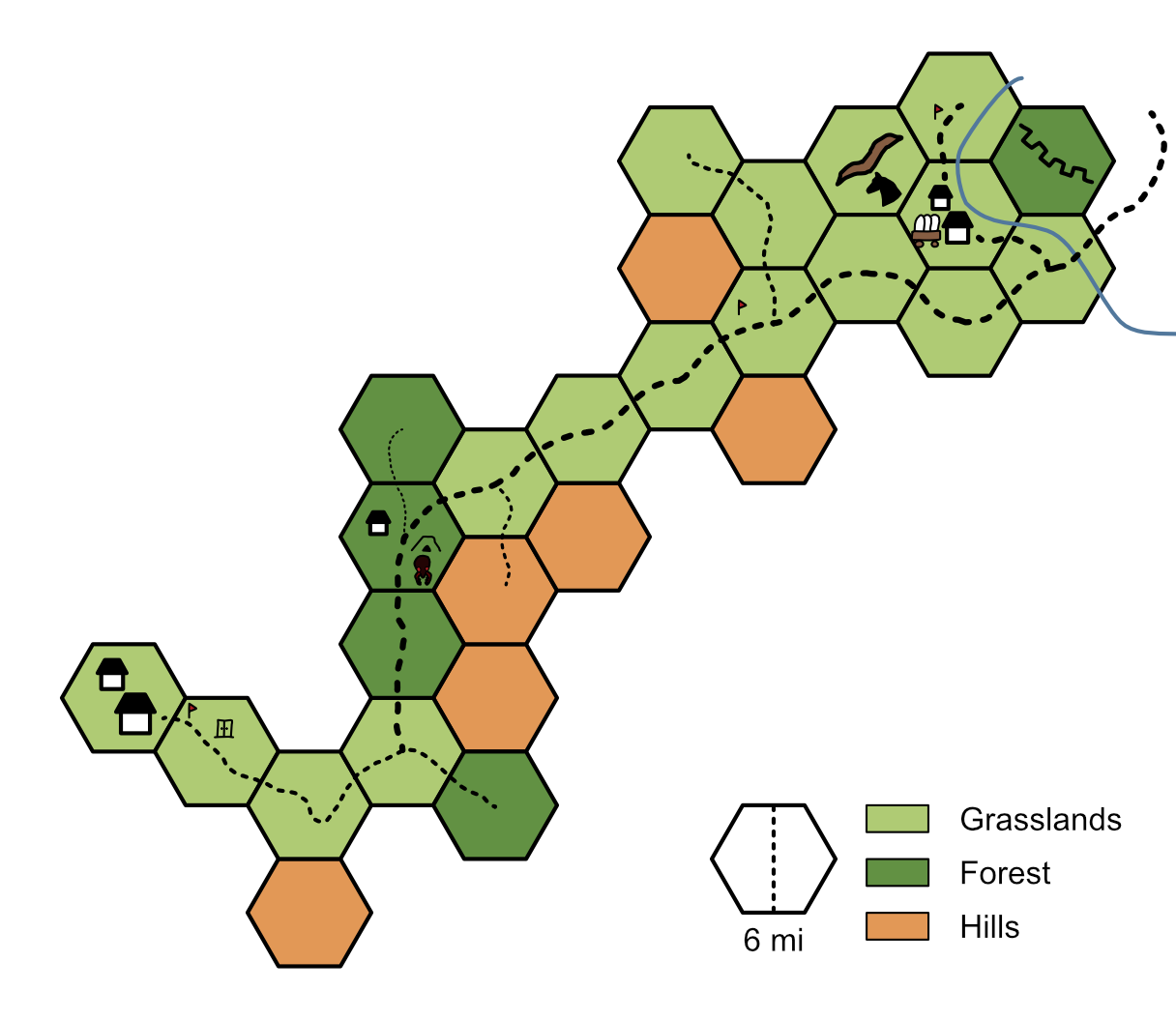 A map made of hexagons and dashed lines. The hexagons are color coded by terrain: light green plains, dark green forests, orange hills. There are also icons on the map including little houses, a covered wagon, a horse, etc.