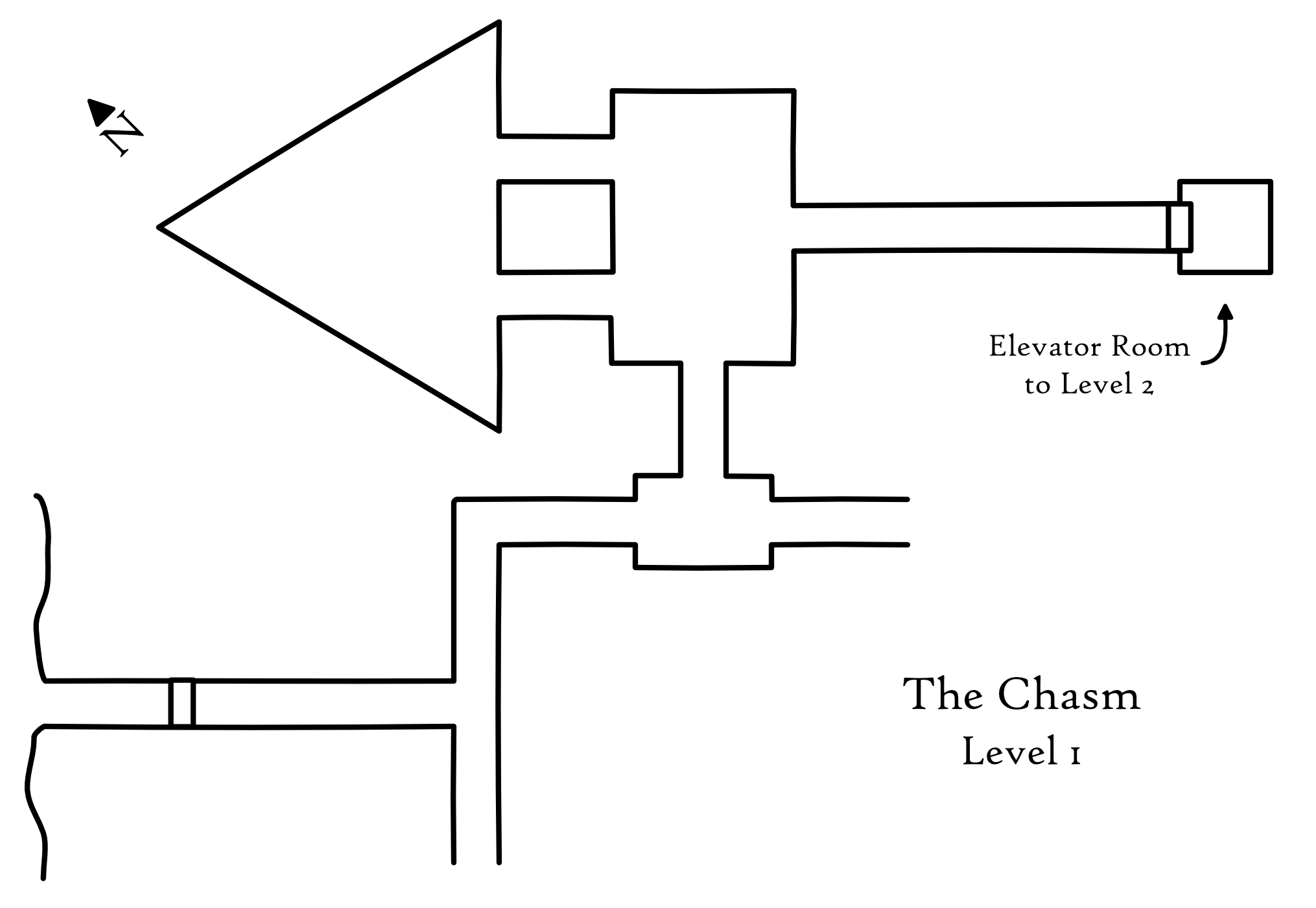 One level of a dungeon map, sketched in black and white. The map is titled The Chasm/Level 1. One room is labelled "Elevator Room to Level 2."