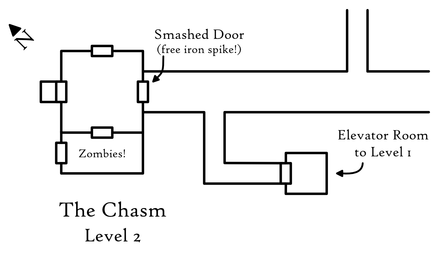 A level of a dungeon map, sketched in black and white. The map is titled The Chasm/Level 2. One room is labelled "Elevator Room to Level 1." Another is labelled "Zombies!" One door is labelled "Smashed Door (free iron spike!)."