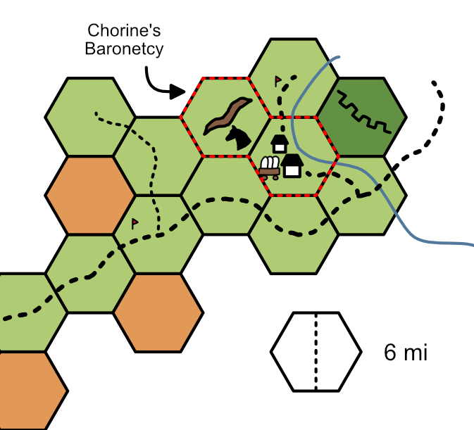 A map made of color-coded hexagons. A pair of hexagons are highlighted as "Chorine's Baronetcy," and bordered in red dashed lines. In the bottom right is a scale hexagon, showing one hexagon side-to-side as 6 miles.