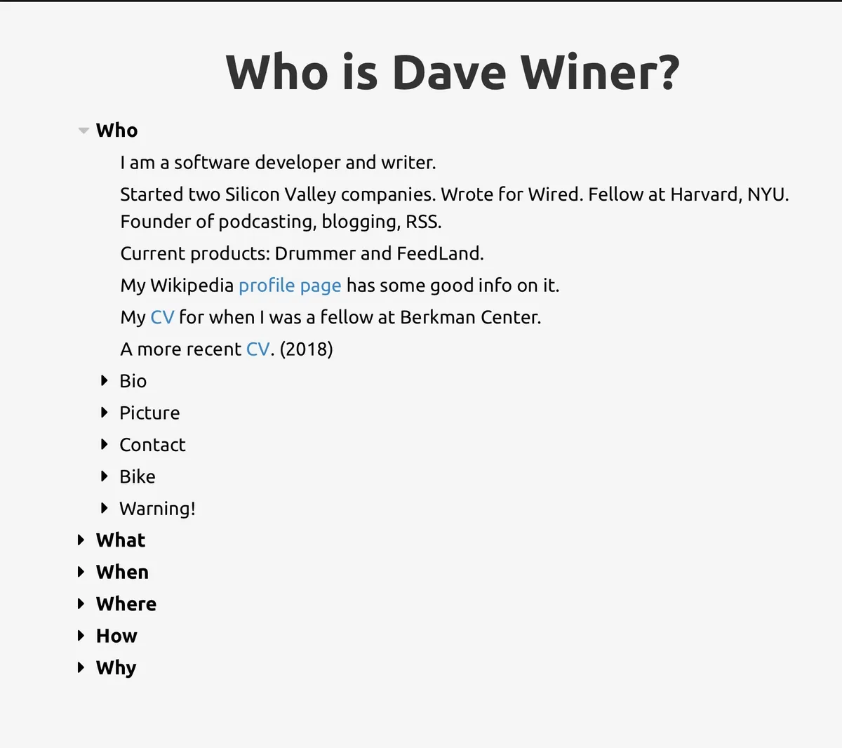 A minimal website with a header and question words as collapsed section headers arranged in a central column.