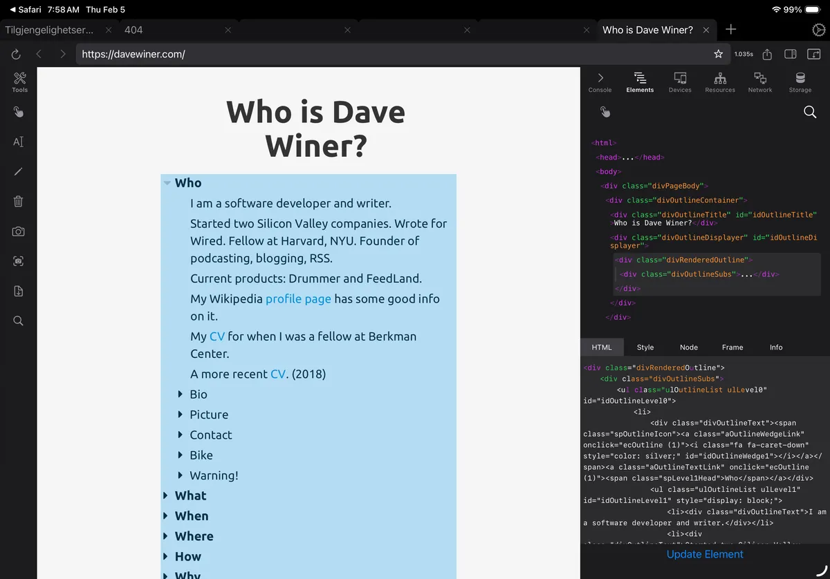 Dave Winer's website displayed in Inspect on iOS. It shows the HTML side by side to the webpage.
