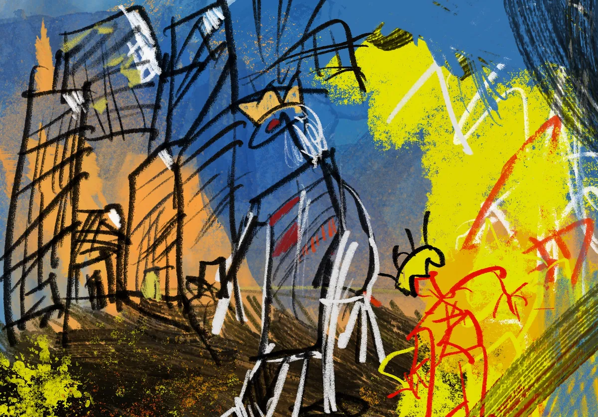 A city scene, maybe, with a ostrich-o fellow in a crown