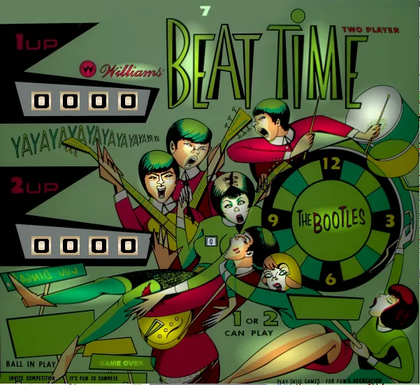 The backglass of Williams' "Beat Time", featuring Jerry Kelley's semi-cubist artwork of a rock band of four men with distinctive short haircuts singing and playing instruments, with a drum set labeled "The Bootles". Sexy women are grabbing them.