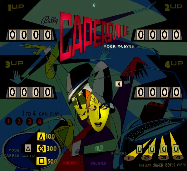 The backglass of Capersville, featuring cubist spies or something? To even make sense of which limbs go with which body you have to percieve that one of them is doing a backflip. There's also a submarine.